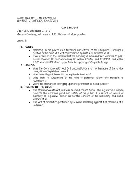 calalang vs williams case digest|Case Digest: MAXIMO CALALANG v. A. D. WILLIAMS .